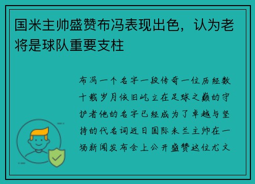 国米主帅盛赞布冯表现出色，认为老将是球队重要支柱